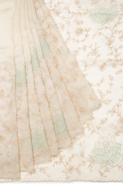 Organza Floral Embroidery White Saree With Scallop Edge