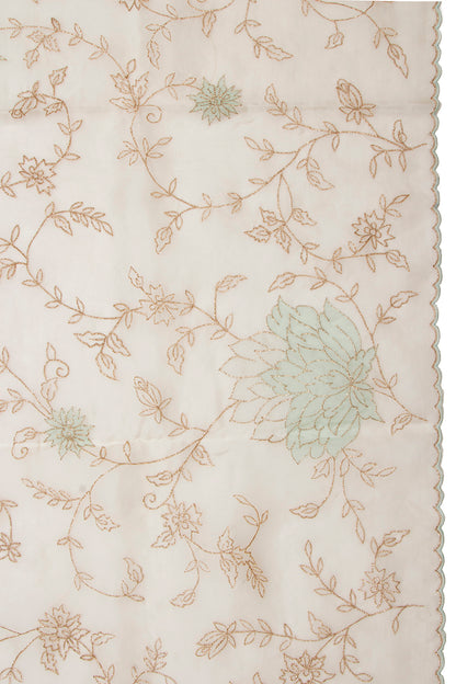 Organza Floral Embroidery White Saree With Scallop Edge
