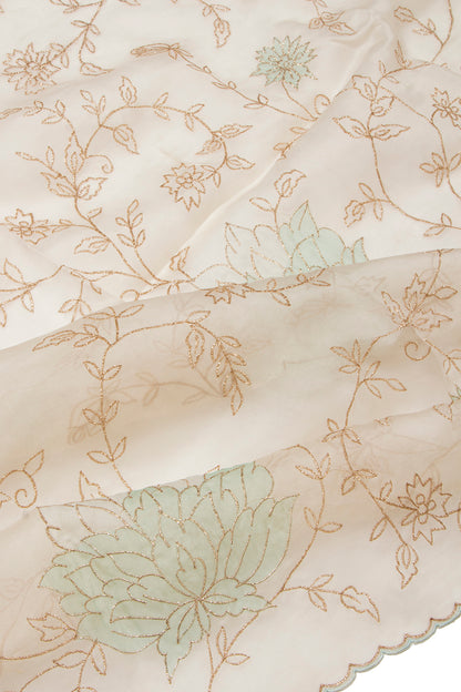 Organza Floral Embroidery White Saree With Scallop Edge