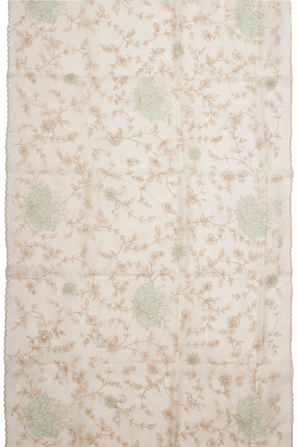 Organza Floral Embroidery White Saree With Scallop Edge
