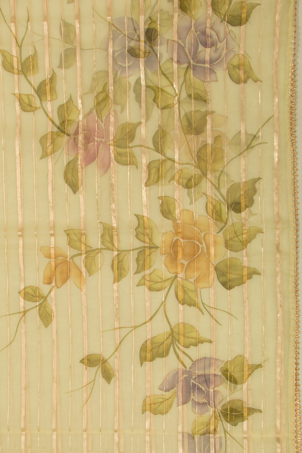 Organza Lines And Printed Lemon Yellow Saree