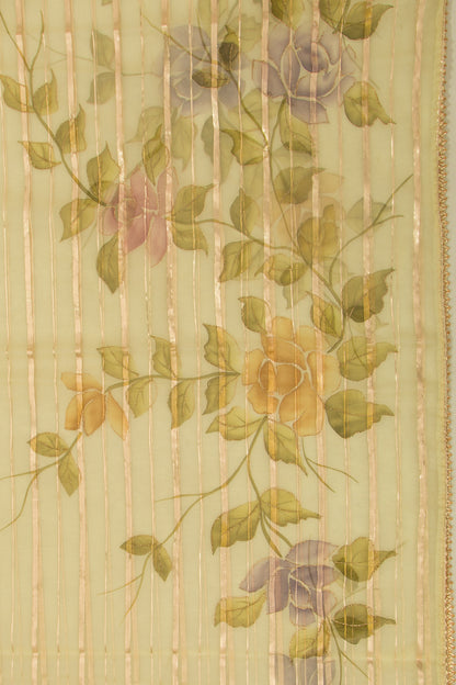 Organza Lines And Printed Lemon Yellow Saree