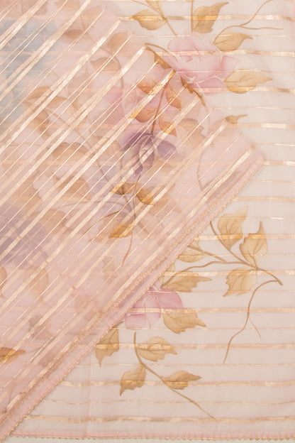 Organza Lines And Printed Pink Saree