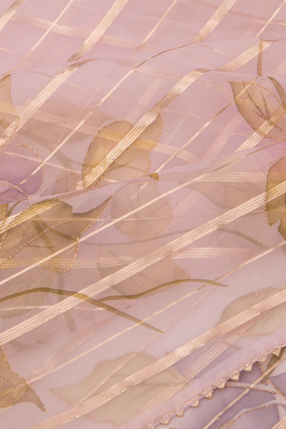 Organza Lines And Printed Baby Pink Saree