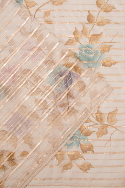 Organza Lines And Printed Off White Saree