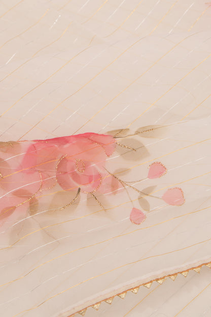 Organza Lines And Printed Off White Saree