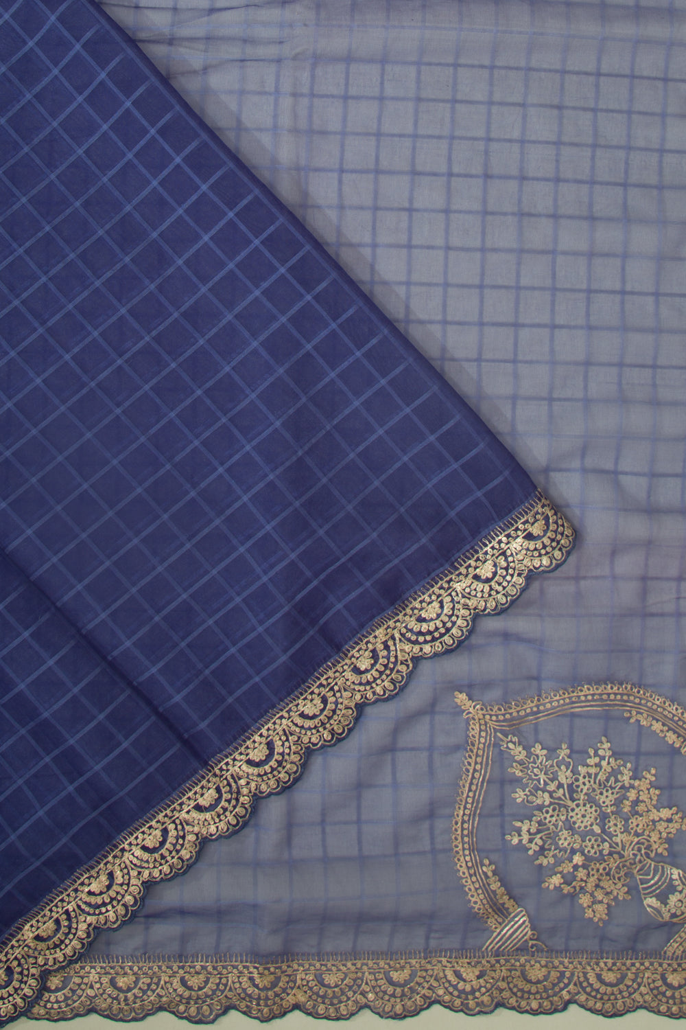 Organza Checks Butta Dark Blue Saree With Scallop Border