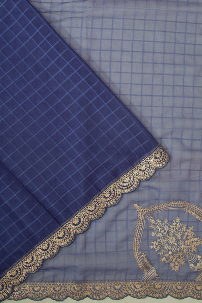 Organza Checks Butta Dark Blue Saree With Scallop Border