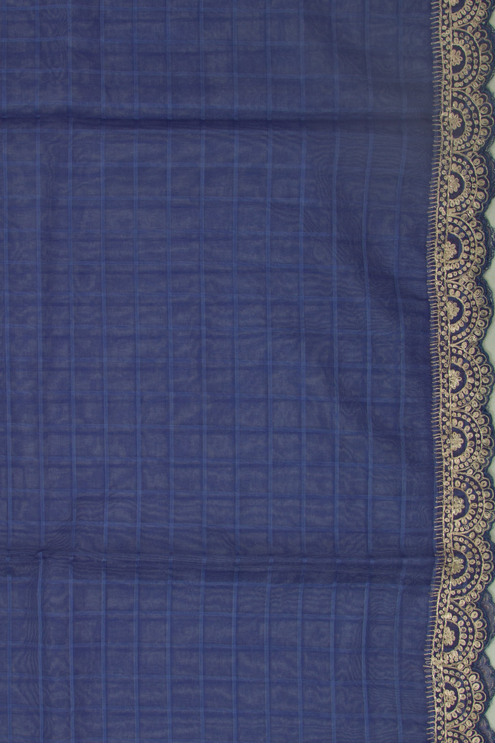 Organza Checks Butta Dark Blue Saree With Scallop Border