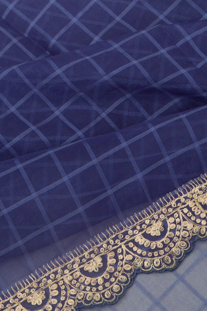 Organza Checks Butta Dark Blue Saree With Scallop Border