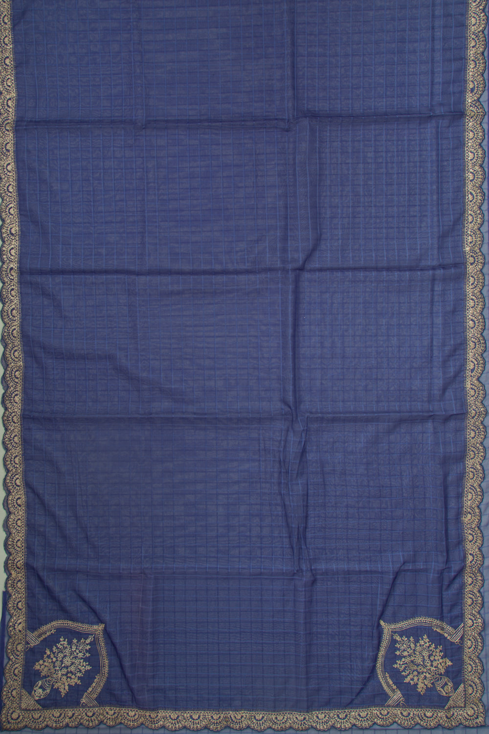 Organza Checks Butta Dark Blue Saree With Scallop Border