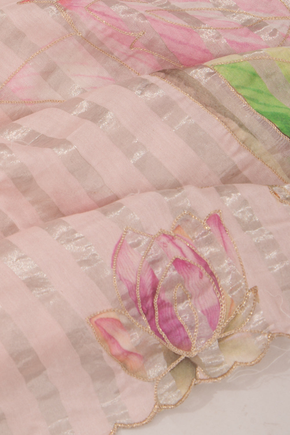 Chanderi Silk Vertical Lines And Floral Printed Pink Saree