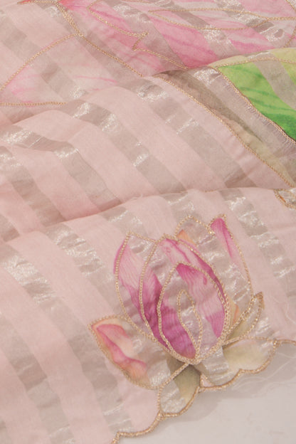 Chanderi Silk Vertical Lines And Floral Printed Pink Saree