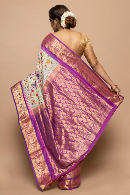 Kota Silk Embroidery White Saree With Kanchi Border