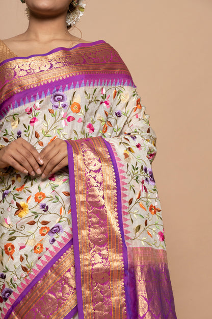 Kota Silk Embroidery White Saree With Kanchi Border