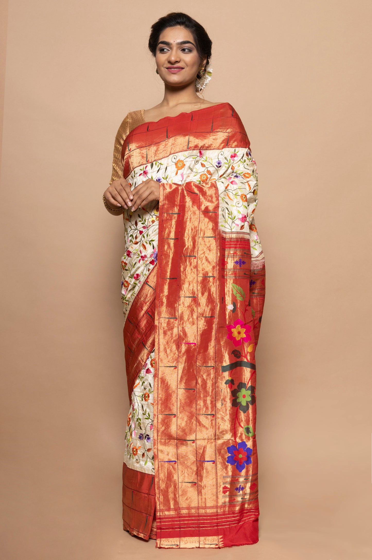 Paithani Silk Parsi Gara Jaal White Saree