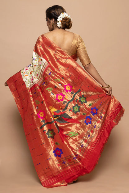 Paithani Silk Parsi Gara Jaal White Saree
