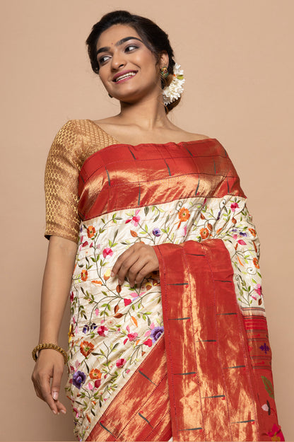 Paithani Silk Parsi Gara Jaal White Saree