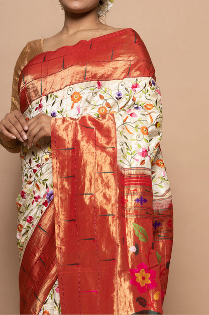 Paithani Silk Parsi Gara Jaal White Saree