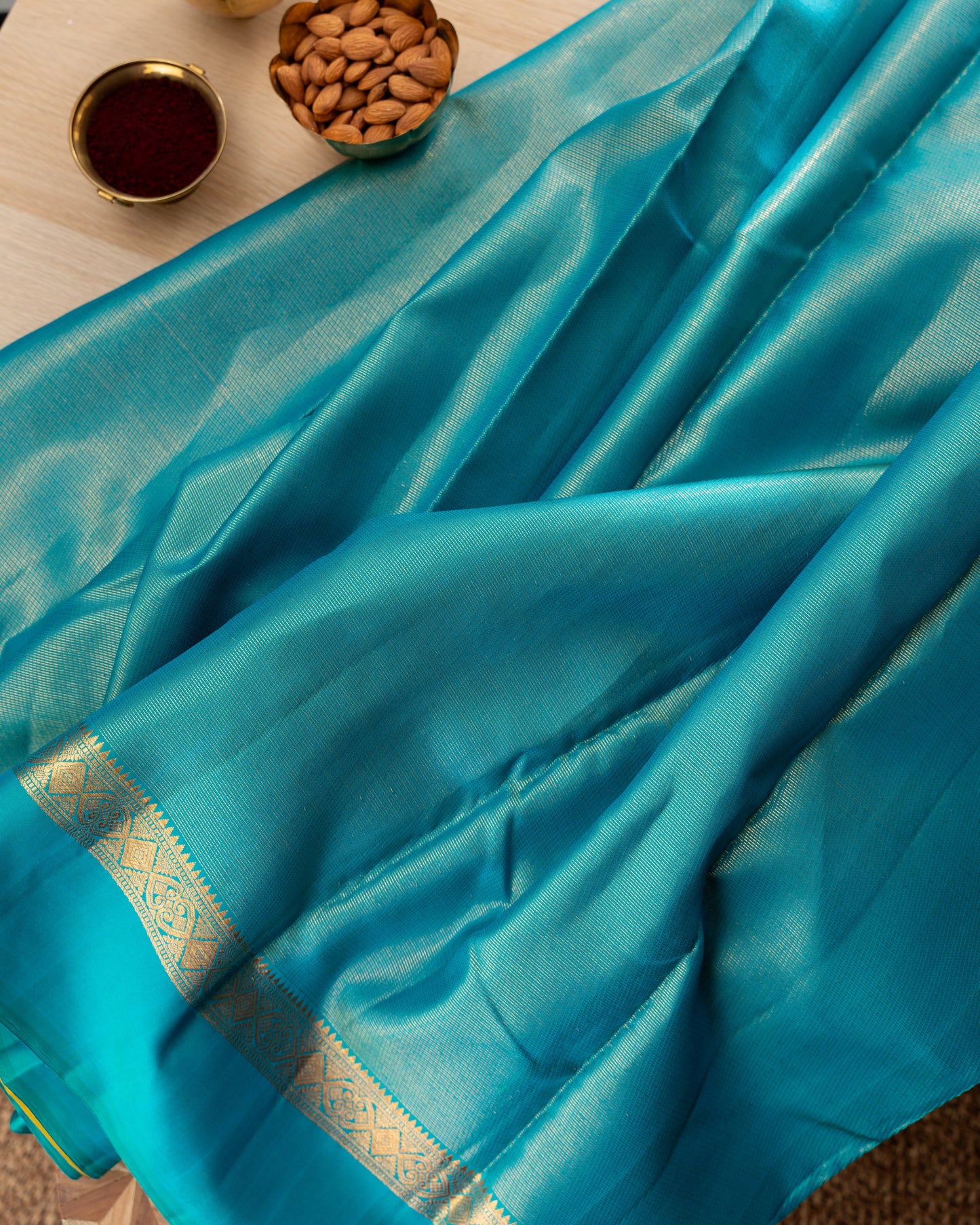 Kanchipuram Silk Lines Blue Saree With Silk Border With Rakhi and Gift Box