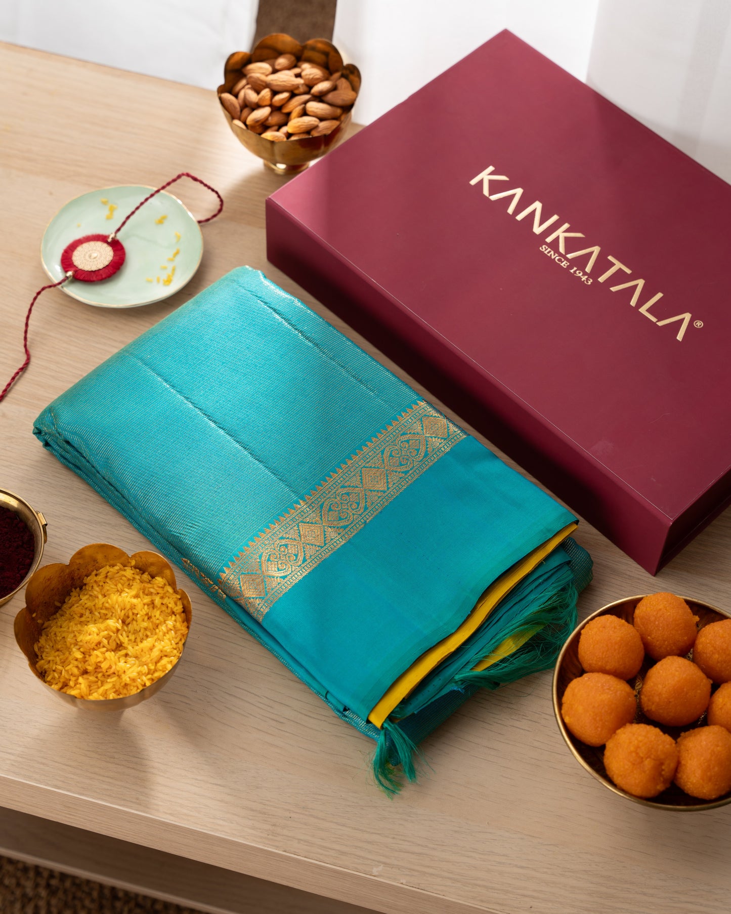 Kanchipuram Silk Lines Blue Saree With Silk Border With Rakhi and Gift Box