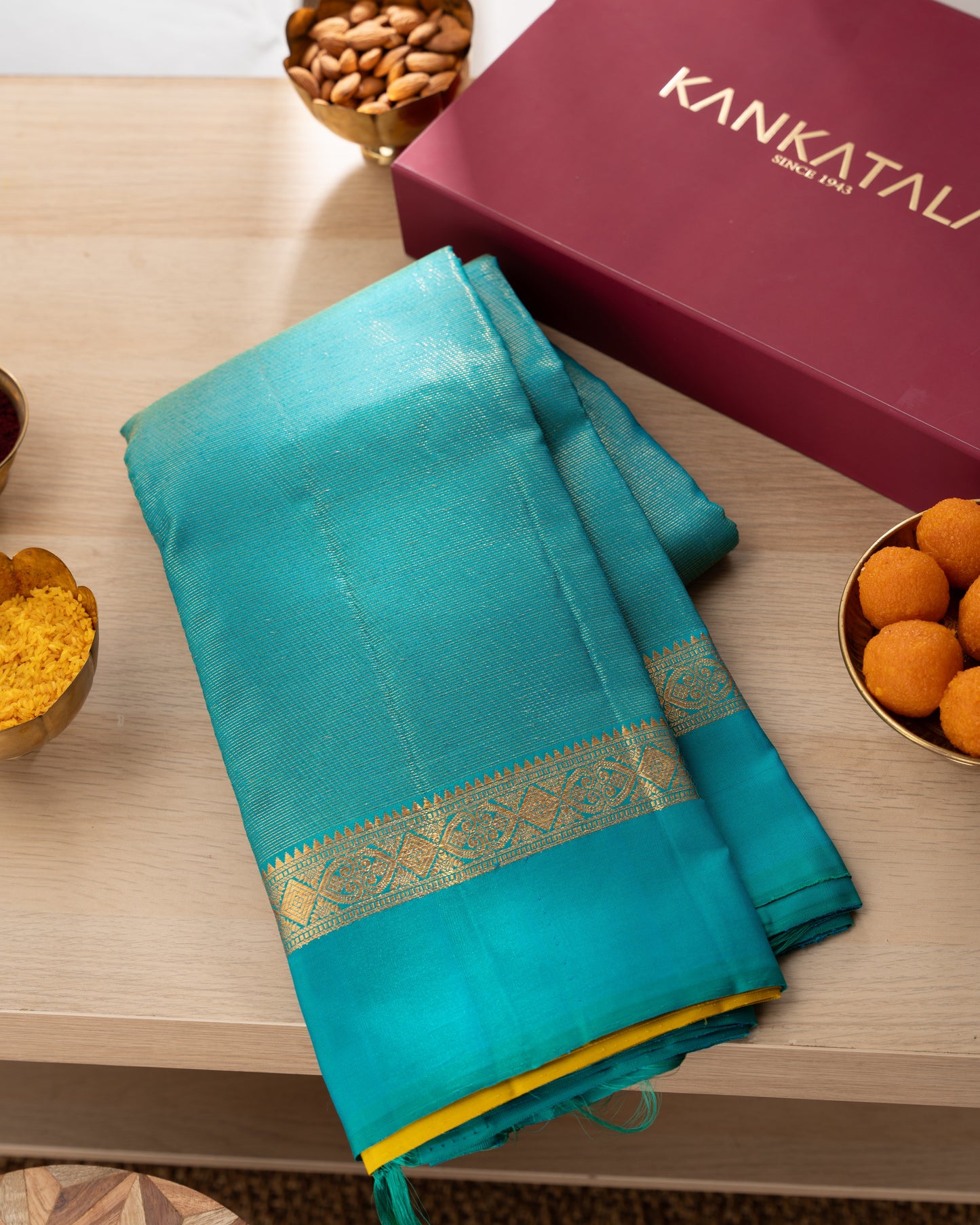 Kanchipuram Silk Lines Blue Saree With Silk Border With Rakhi and Gift Box