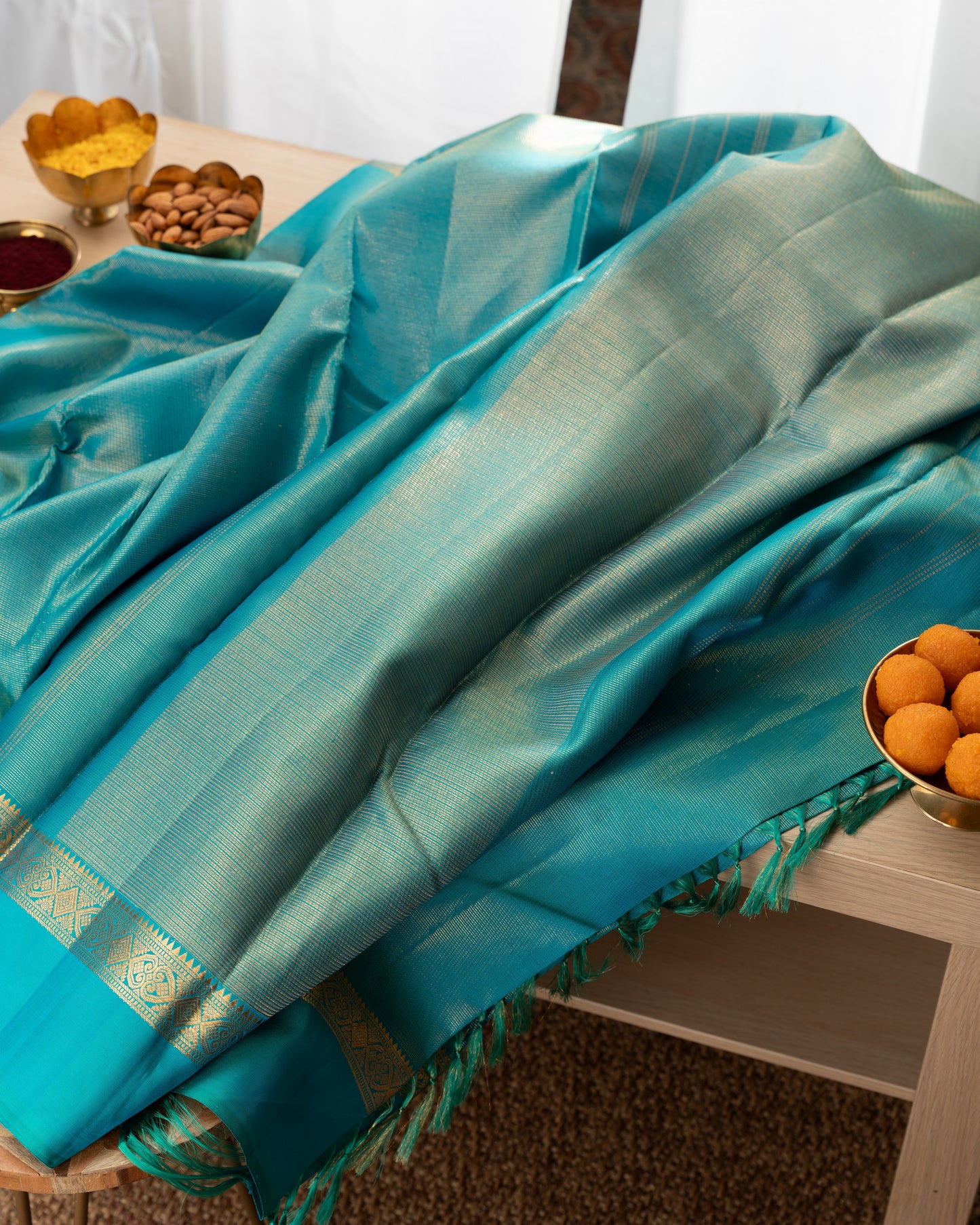 Kanchipuram Silk Lines Blue Saree With Silk Border With Rakhi and Gift Box