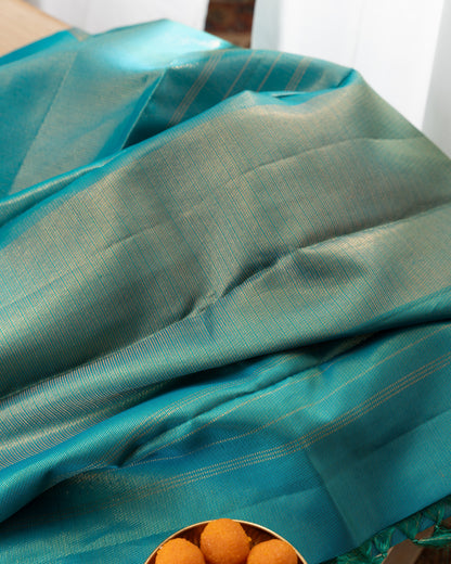 Kanchipuram Silk Lines Blue Saree With Silk Border With Rakhi and Gift Box