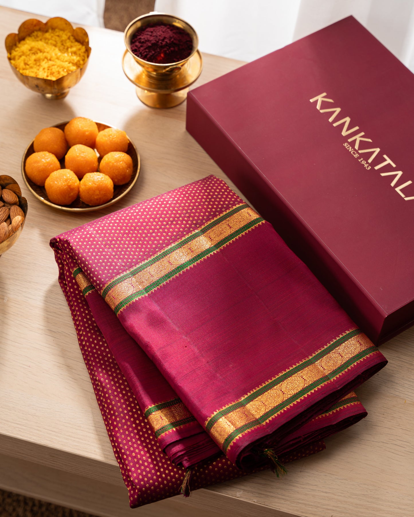 Kanchipuram Silk Brocade Maroon Saree With Rakhi and Gift Box