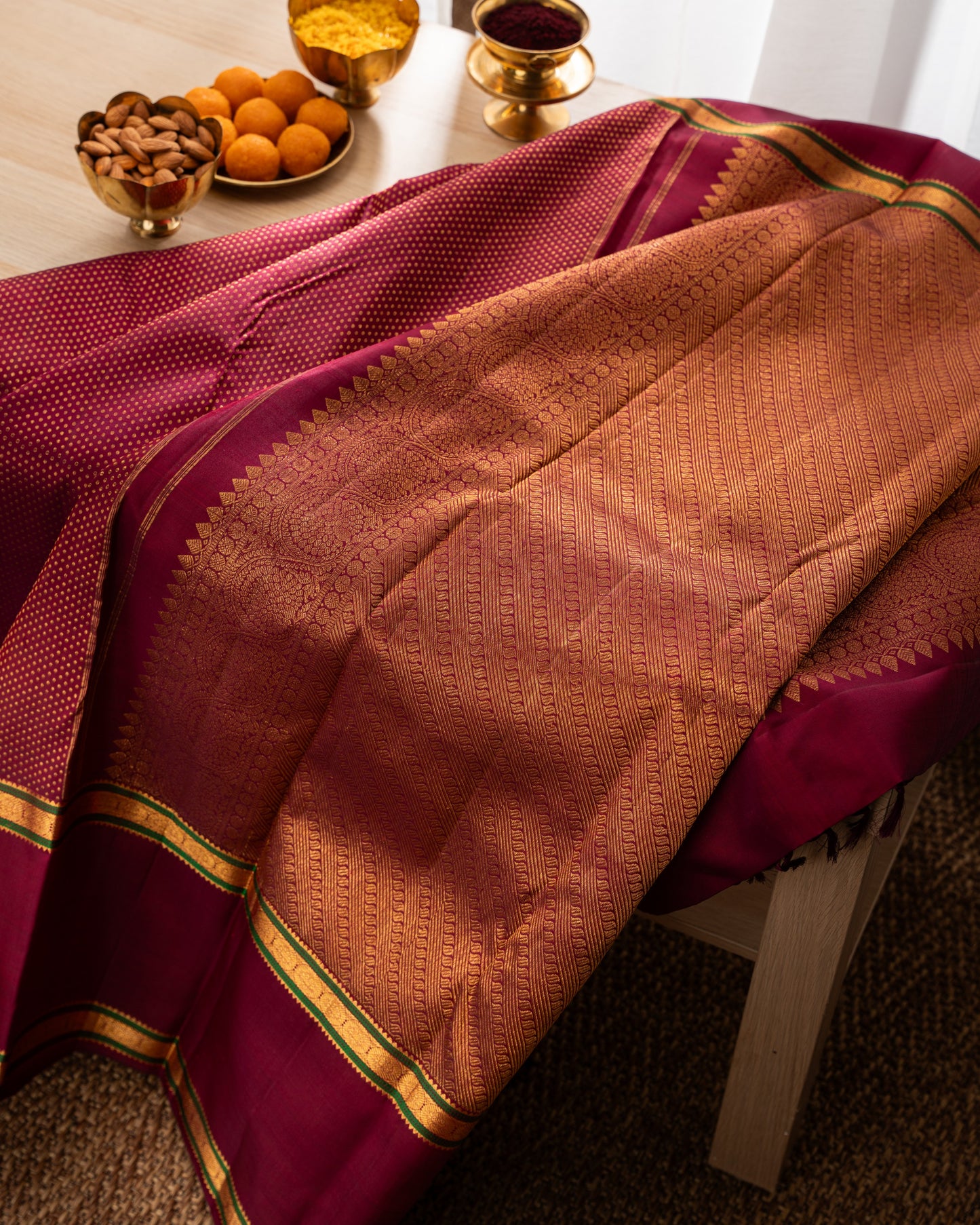 Kanchipuram Silk Brocade Maroon Saree With Rakhi and Gift Box