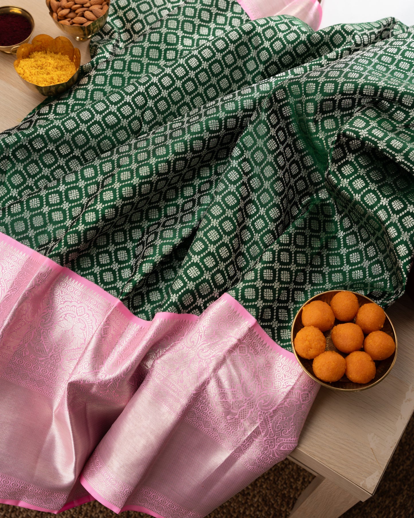 Kanchipuram Silk Brocade Green Saree With Rakhi and Gift Box
