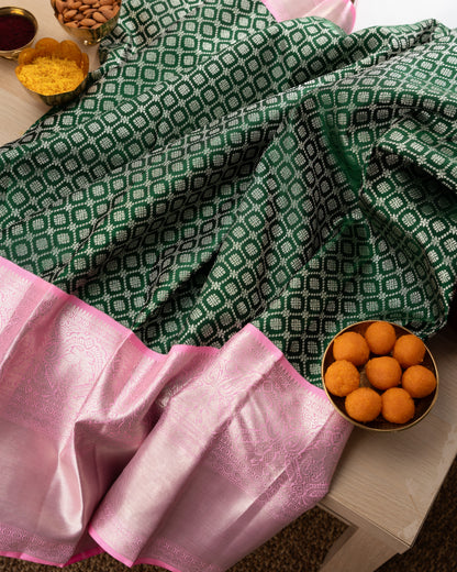 Kanchipuram Silk Brocade Green Saree With Rakhi and Gift Box