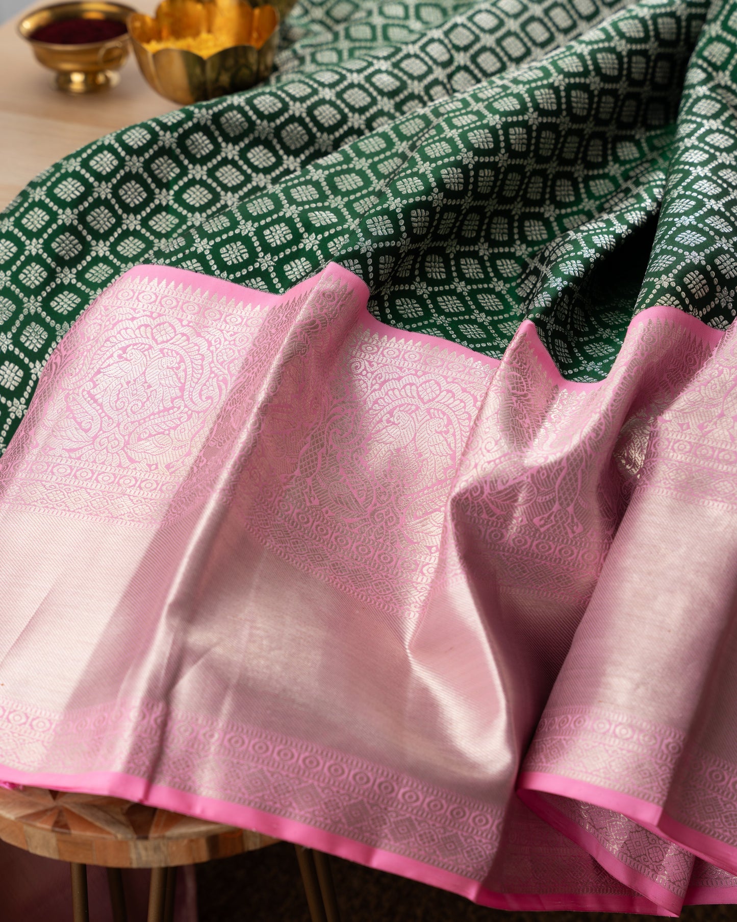 Kanchipuram Silk Brocade Green Saree With Rakhi and Gift Box