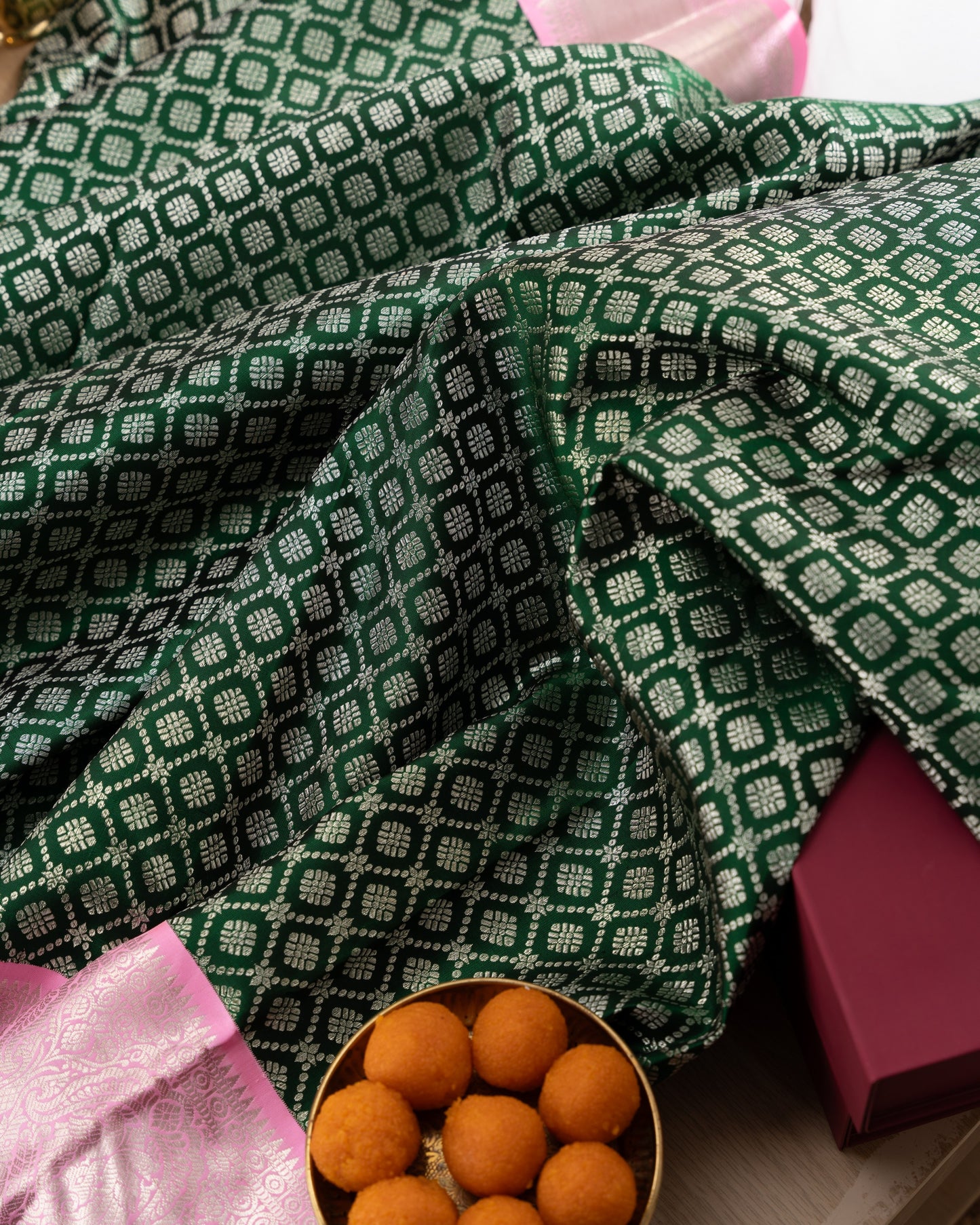 Kanchipuram Silk Brocade Green Saree With Rakhi and Gift Box