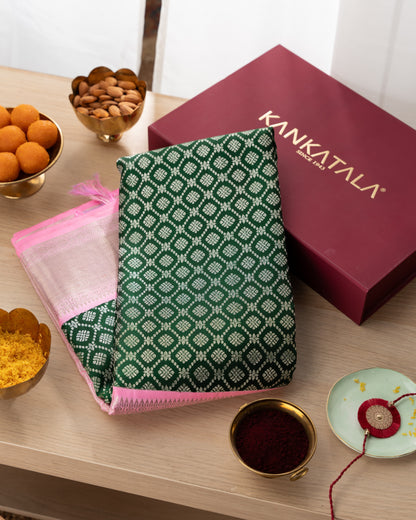 Kanchipuram Silk Brocade Green Saree With Rakhi and Gift Box