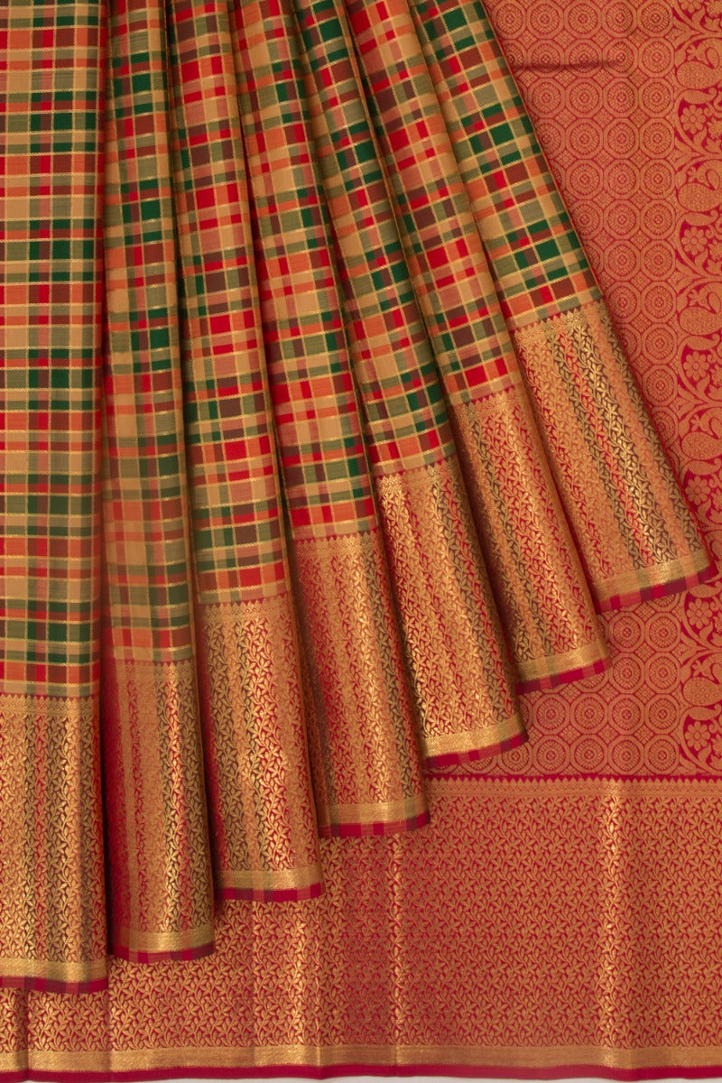 Kanchipuram Silk Checks Red And Green Saree