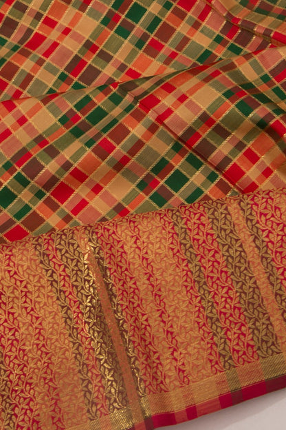Kanchipuram Silk Checks Red And Green Saree