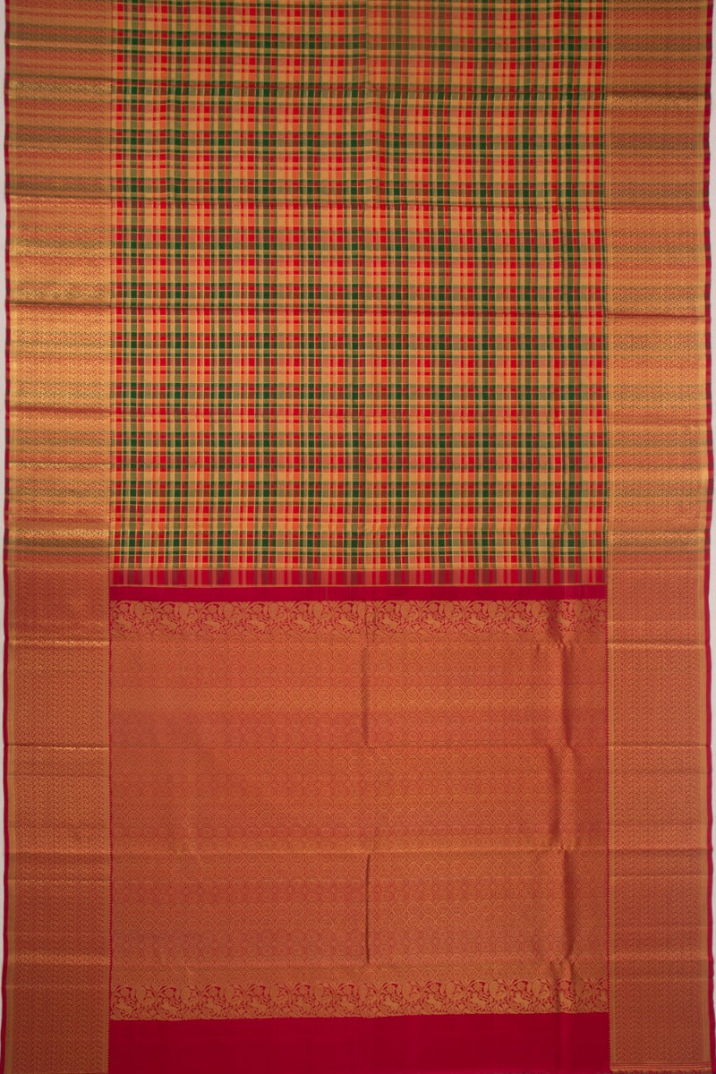 Kanchipuram Silk Checks Red And Green Saree
