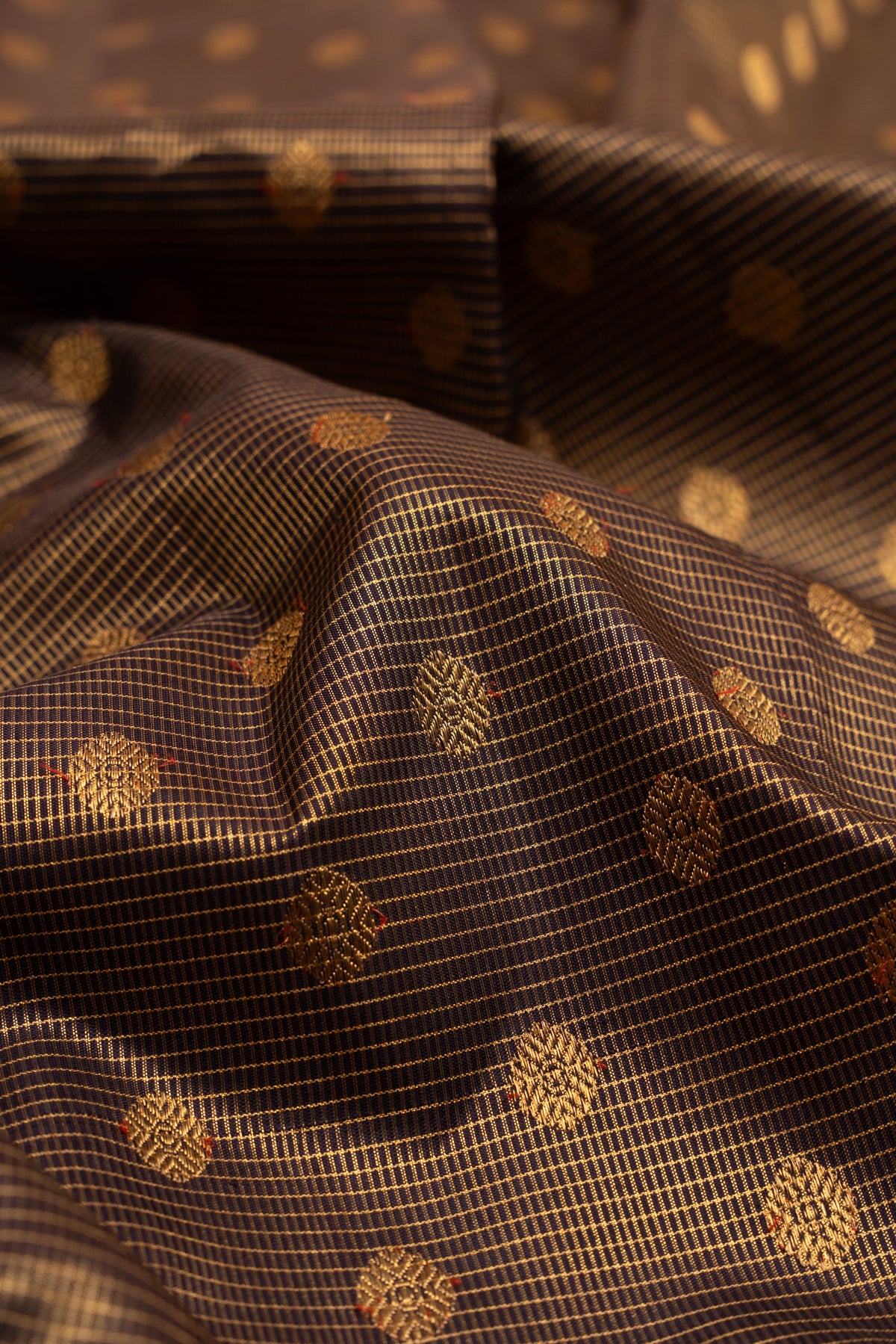 Kanchipuram Silk Checks And Butta Black Saree