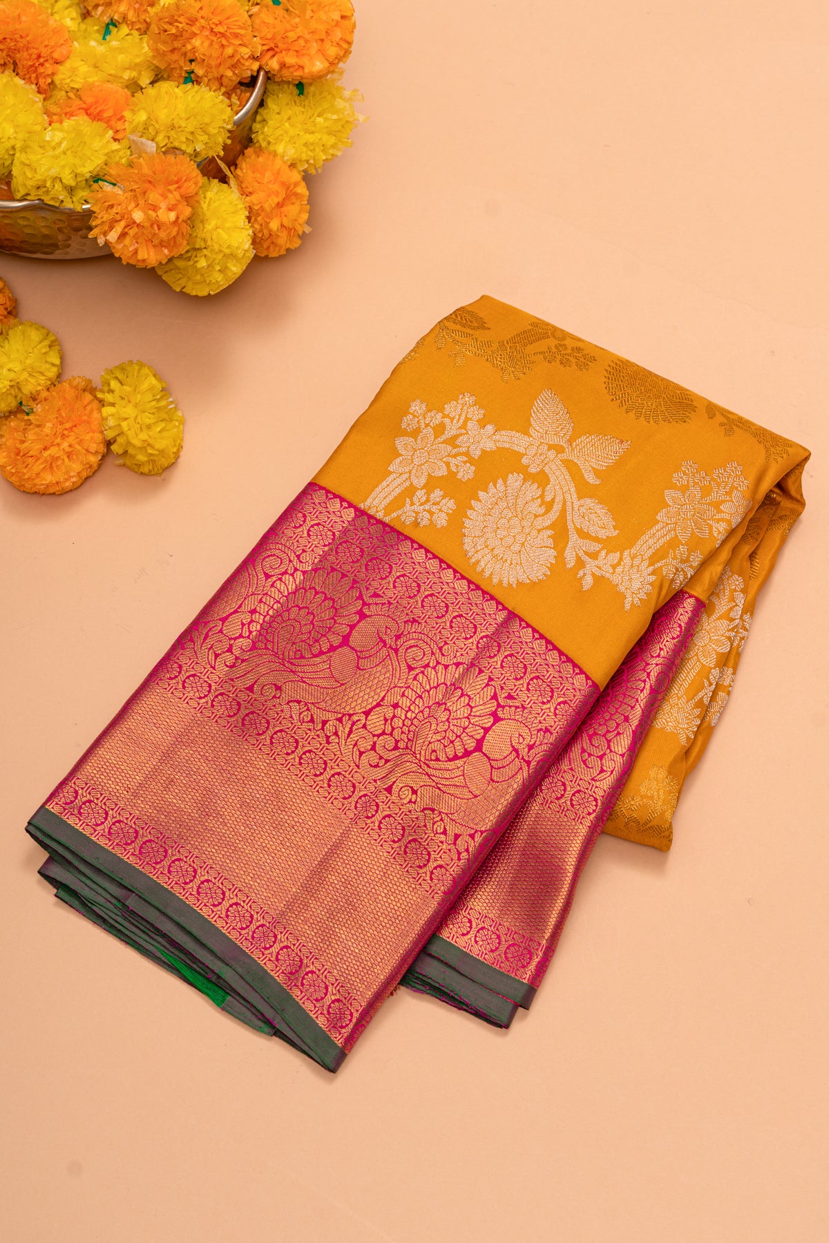 Kanchipuram Silk Jaal Mustard Yellow Saree