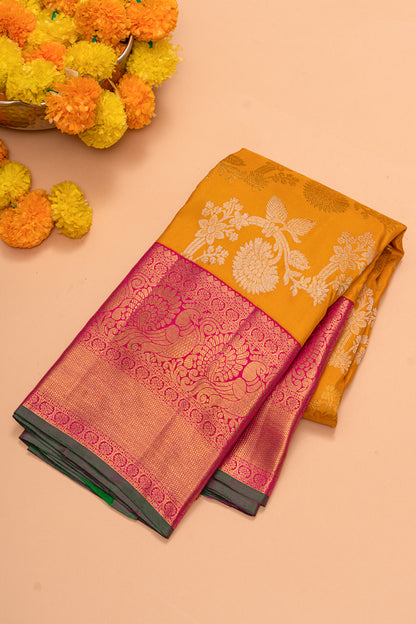 Kanchipuram Silk Jaal Mustard Yellow Saree