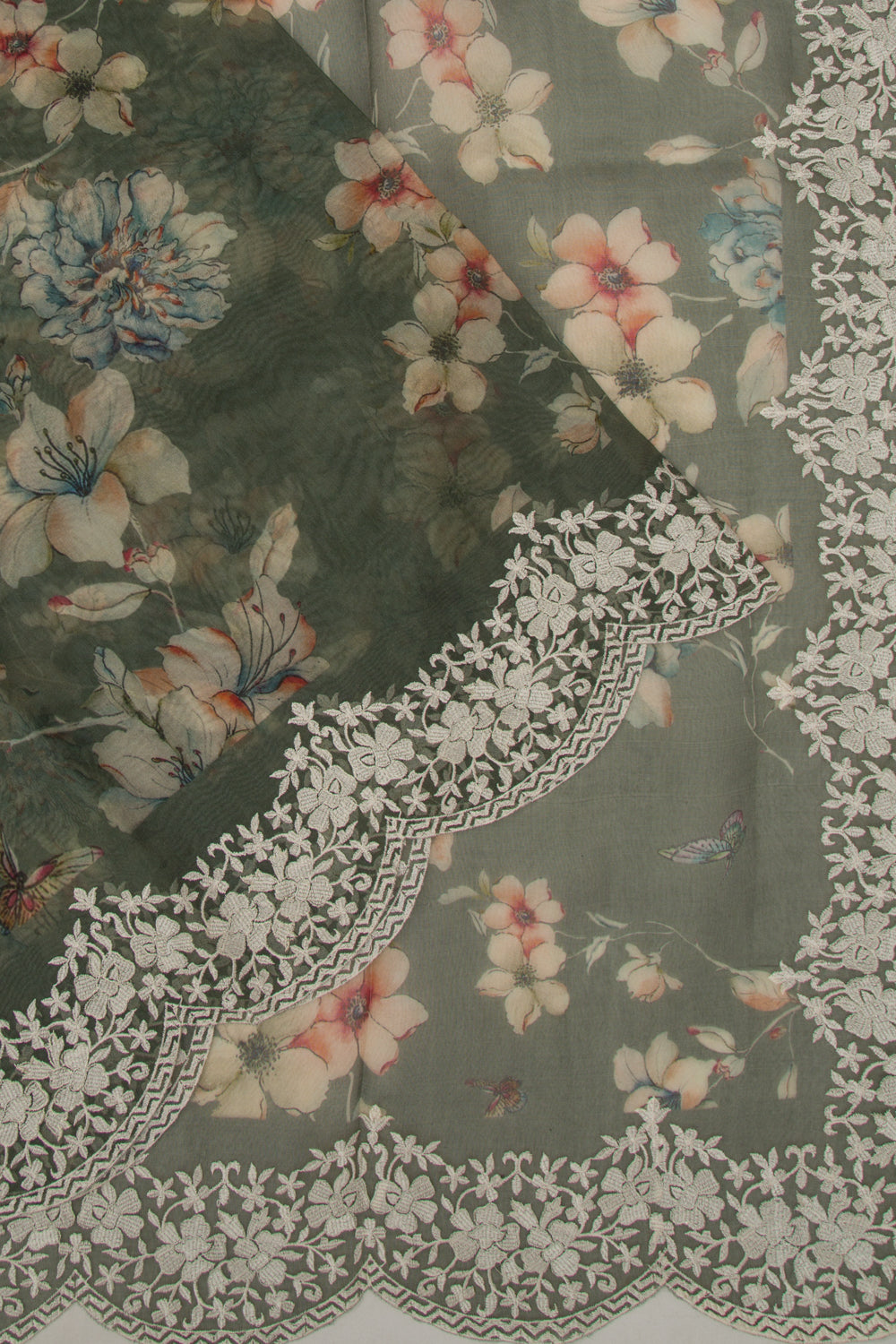 Organza Floral Printed Sage Green Saree With Scallop Border