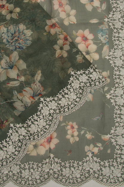 Organza Floral Printed Sage Green Saree With Scallop Border
