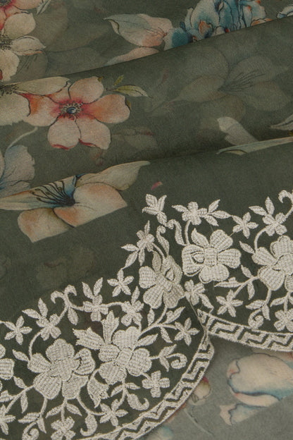 Organza Floral Printed Sage Green Saree With Scallop Border