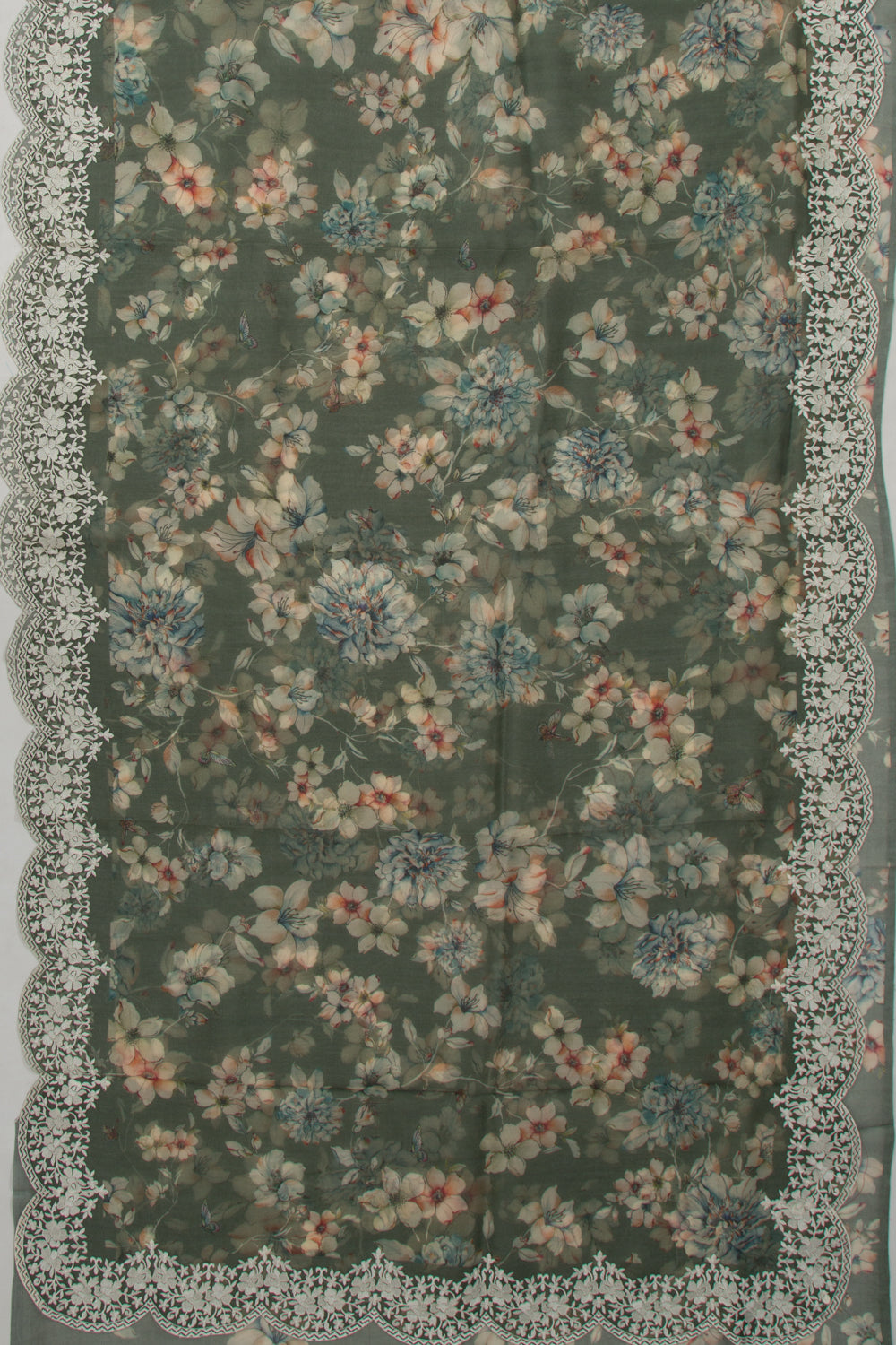 Organza Floral Printed Sage Green Saree With Scallop Border