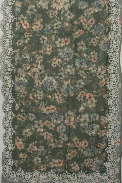 Organza Floral Printed Sage Green Saree With Scallop Border