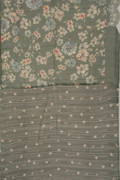 Organza Floral Printed Sage Green Saree With Scallop Border