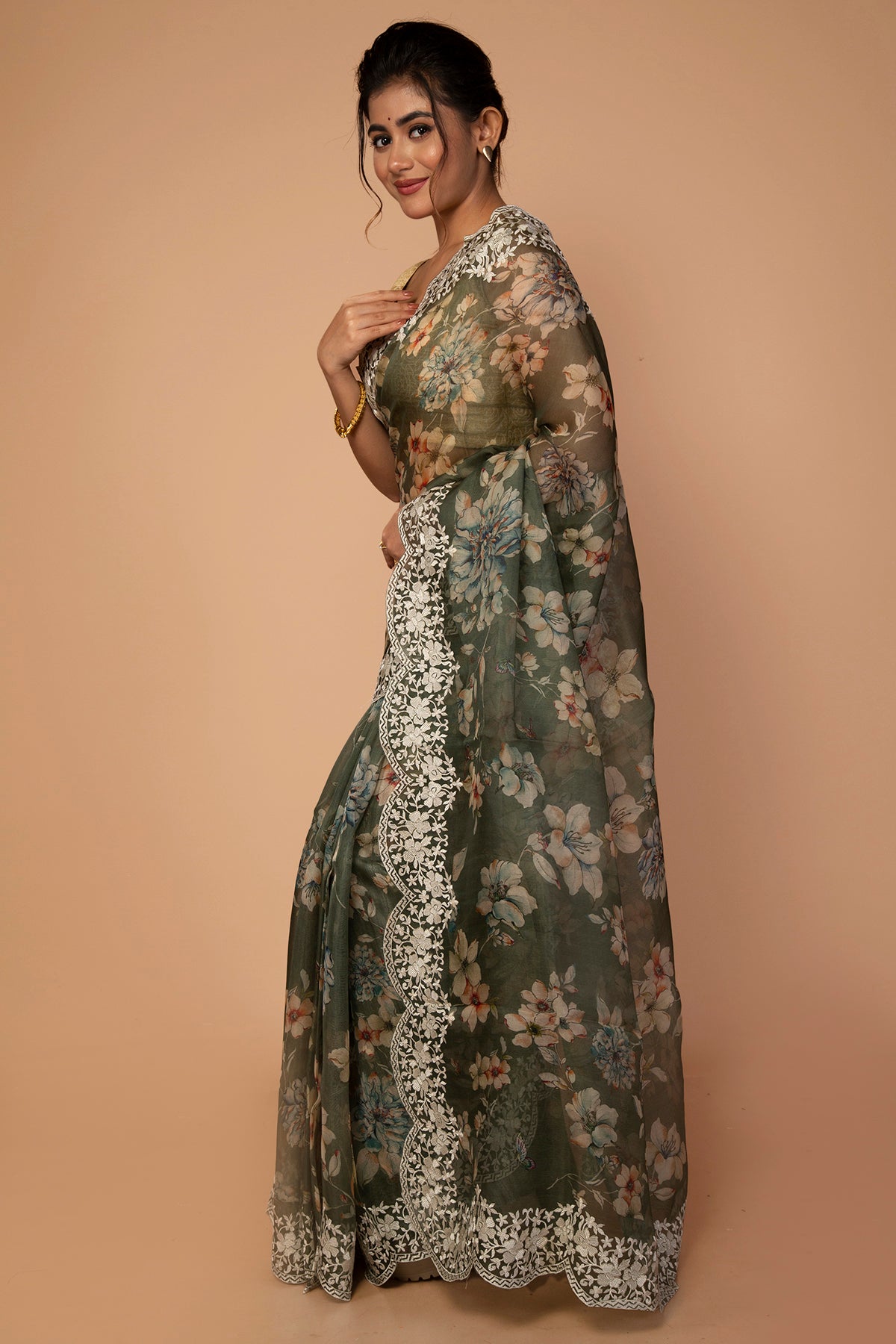 Organza Floral Printed Sage Green Saree With Scallop Border