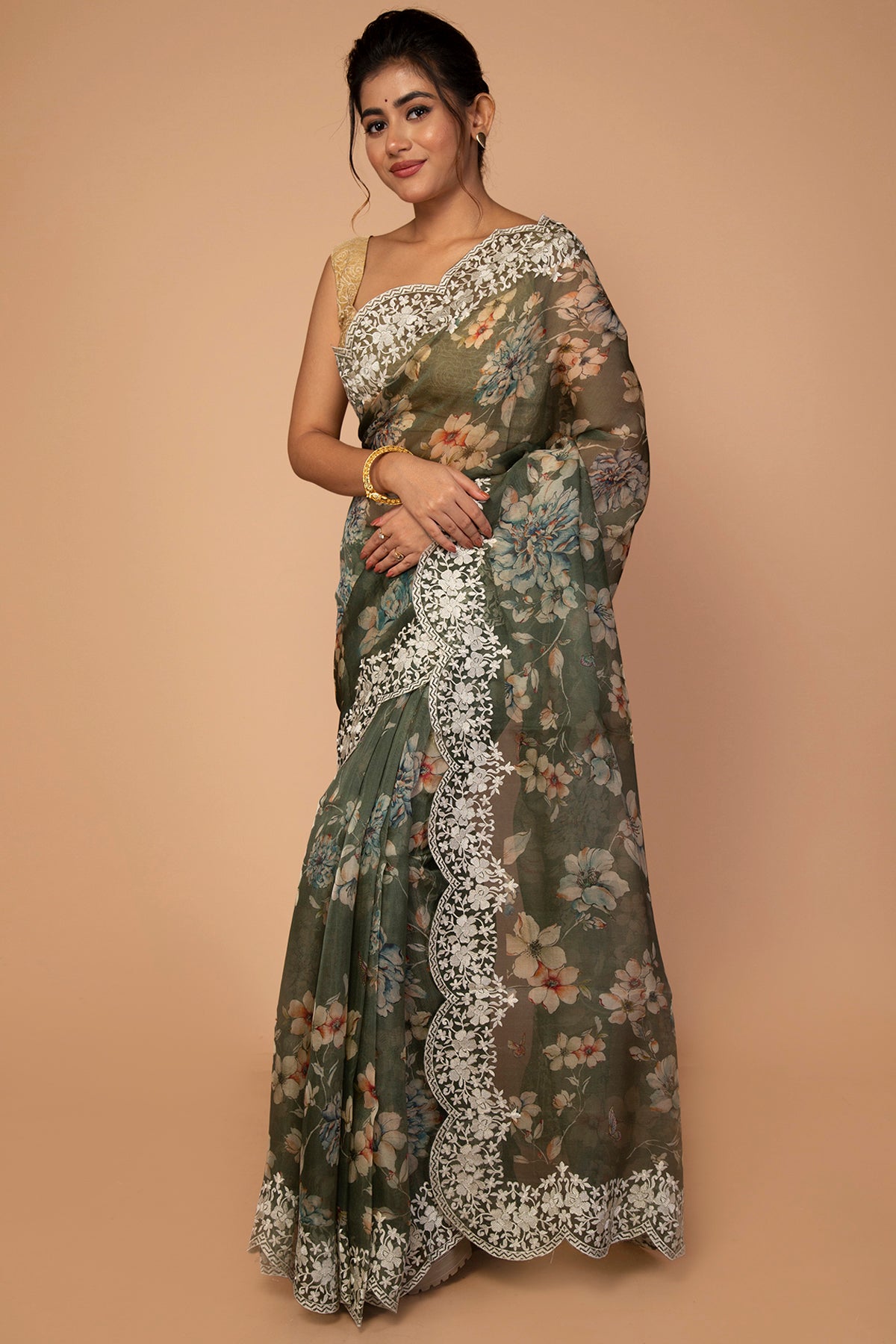 Organza Floral Printed Sage Green Saree With Scallop Border