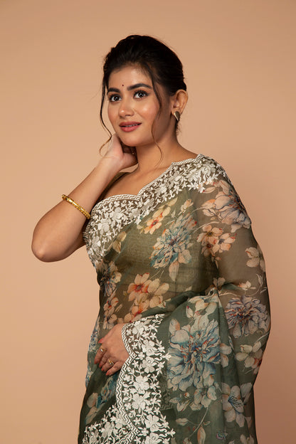 Organza Floral Printed Sage Green Saree With Scallop Border